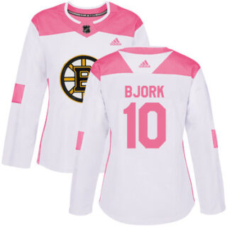 Women's Boston Bruins #10 Anders Bjork White Pink Authentic Fashion Stitched NHL Jersey