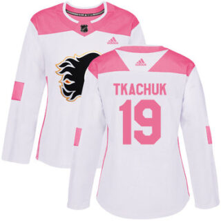 Women's Calgary Flames #19 Matthew Tkachuk White Pink Authentic Fashion Stitched NHL Jersey