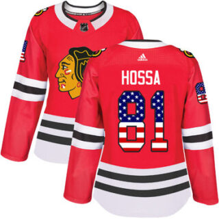 Women's Chicago Blackhawks #81 Marian Hossa Red Home Authentic USA Flag Stitched NHL Jersey