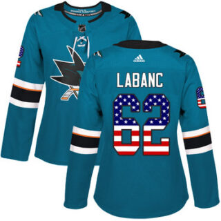 Women's San Jose Sharks #62 Kevin Labanc Teal Home Authentic USA Flag Stitched NHL Jersey