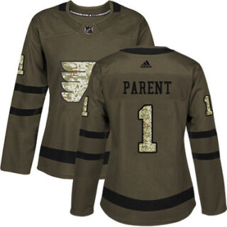 Women's Philadelphia Flyers #1 Bernie Parent Green Salute to Service Stitched NHL Jersey