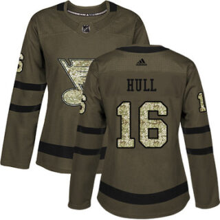 Women's St. Louis Blues #16 Brett Hull Green Salute to Service Stitched NHL Jersey