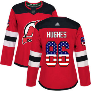 Women's New Jersey Devils #86 Jack Hughes Red Home Authentic USA Flag Stitched Hockey Jersey