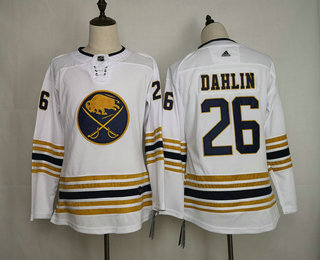 Women's Buffalo Sabres #26 Rasmus Dahlin White With Gold 50th Anniversary Stitched NHL Jersey