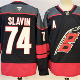 Men's Carolina Hurricanes #74 Jaccob Slavin Black 2024-25 With A Stitched Hockey Jersey