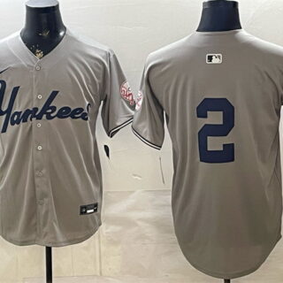 Men's New York Yankees #2 Derek Jeter Grey With Patch Limited Stitched Baseball Jersey