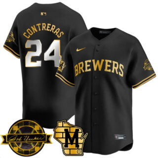 Men's Milwaukee Brewers #24 William Contreras Black Gold With Home & Bob Uecker Patch Limited Stitched Baseball Jersey
