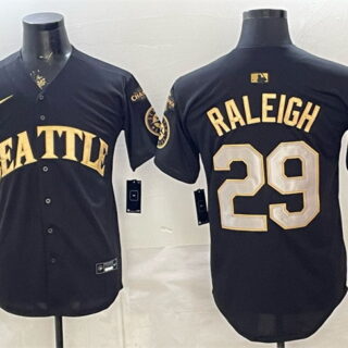 Men's Seattle Mariners #29 Cal Raleigh Black Gold 50th Anniversary & AL West Division Champions Patch Vapor Limited Stitched Baseball Jersey