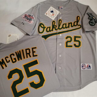 Men's Oakland Athletics #25 Mark McGwire Grey With Green Elephant & 1989 World Series Patch Battle of the Bay Stitched Baseball Jersey