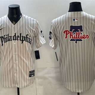 Men's Philadelphia Phillies Team Big Logo Cream Pinstripe Gothic Vapor Limited Stitched Jersey