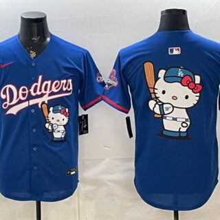 Men's Los Angeles Dodgers Team Big Logo Royal Hello Kitty Night 2025 World Series Champions Patch Stitched Baseball Jersey