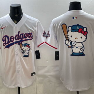 Men's Los Angeles Dodgers Team Big Logo White Hello Kitty Night 2025 World Series Champions Patch Stitched Baseball Jersey