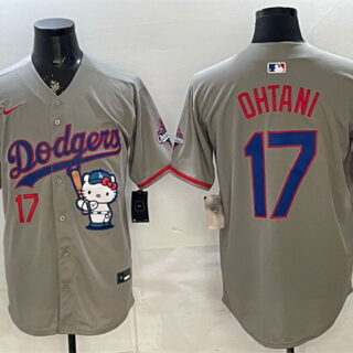 Men's Los Angeles Dodgers #17 Shohei Ohtani Grey Hello Kitty Night 2025 World Series Champions Patch Stitched Baseball Jersey