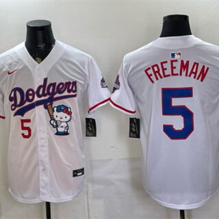 Men's Los Angeles Dodgers #5 Freddie Freeman White Hello Kitty Night 2025 World Series Champions Patch Stitched Baseball Jersey