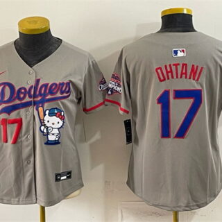 Women's Los Angeles Dodgers #17 Shohei Ohtani Grey Hello Kitty Night 2025 World Series Champions Patch Stitched Baseball Jersey(Run Small)