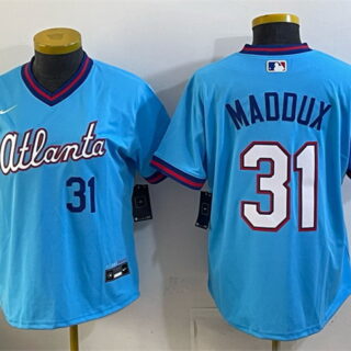 Women's Atlanta Braves #31 Greg Maddux Powder Blue 2026 City Connect Stadium Stitched Baseball Jersey(Run Small)