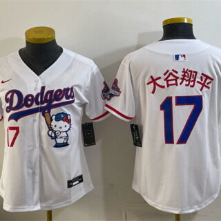 Women's Los Angeles Dodgers #17 Shohei Ohtani White Hello Kitty Night 2025 World Series Champions Patch Stitched Baseball Jersey(Run Small)