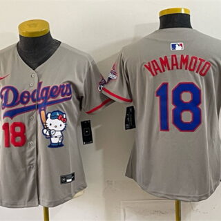 Youth Los Angeles Dodgers #18 Yoshinobu Yamamoto Grey Hello Kitty Night 2025 World Series Champions Patch Stitched Baseball Jersey