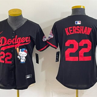 Youth Los Angeles Dodgers #22 Clayton Kershaw Black Hello Kitty Night 2025 World Series Champions Patch Stitched Baseball Jersey