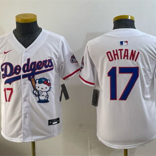Youth Los Angeles Dodgers #17 Shohei Ohtani White Hello Kitty Night 2025 World Series Champions Patch Stitched Baseball Jersey