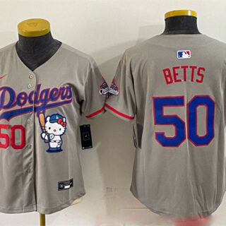 Women's Los Angeles Dodgers #50 Mookie Betts Grey Hello Kitty Night 2025 World Series Champions Patch Stitched Baseball Jersey(Run Small)