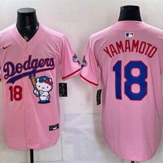 Men's Los Angeles Dodgers #18 Yoshinobu Yamamoto Pink Hello Kitty Night 2025 World Series Champions Patch Stitched Baseball Jersey