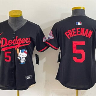 Youth Los Angeles Dodgers #5 Freddie Freeman Black Hello Kitty Night 2025 World Series Champions Patch Stitched Baseball Jersey