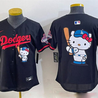 Women's Los Angeles Dodgers Team Big Logo Black Hello Kitty Night 2025 World Series Champions Patch Stitched Baseball Jersey(Run Small)