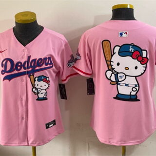 Women's Los Angeles Dodgers Team Big Logo Pink Hello Kitty Night 2025 World Series Champions Patch Stitched Baseball Jersey(Run Small)
