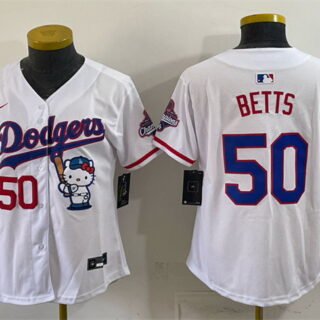 Women's Los Angeles Dodgers #50 Mookie Betts White Hello Kitty Night 2025 World Series Champions Patch Stitched Baseball Jersey(Run Small)