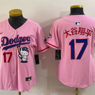 Women's Los Angeles Dodgers #17 Shohei Ohtani Pink Hello Kitty Night 2025 World Series Champions Patch Stitched Baseball Jersey(Run Small)