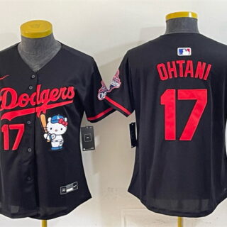 Women's Los Angeles Dodgers #17 Shohei Ohtani Black Hello Kitty Night 2025 World Series Champions Patch Stitched Baseball Jersey(Run Small)