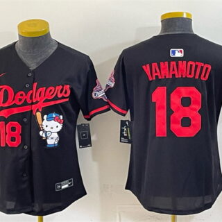 Women's Los Angeles Dodgers #18 Yoshinobu Yamamoto Black Hello Kitty Night 2025 World Series Champions Patch Stitched Baseball Jersey(Run Small)