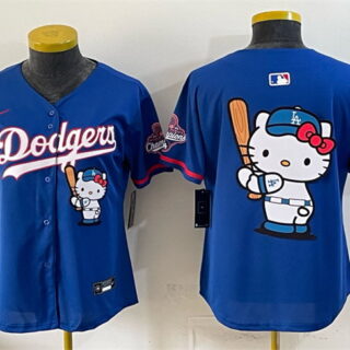 Women's Los Angeles Dodgers Team Big Logo Royal Hello Kitty Night 2025 World Series Champions Patch Stitched Baseball Jersey(Run Small)