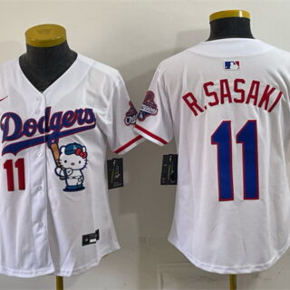Women's Los Angeles Dodgers #11 Roki Sasaki White Hello Kitty Night 2025 World Series Champions Patch Stitched Baseball Jersey(Run Small)