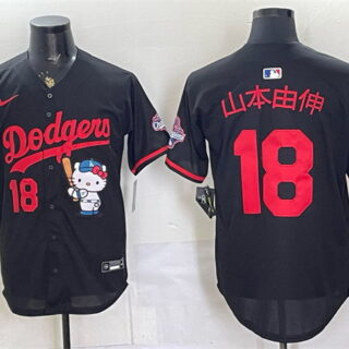 Men's Los Angeles Dodgers #18 Yoshinobu Yamamoto Black Hello Kitty Night 2025 World Series Champions Patch Stitched Baseball Jersey