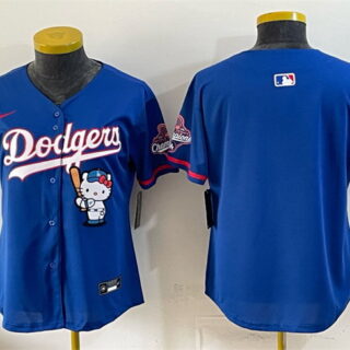 Women's Los Angeles Dodgers Blank Royal Hello Kitty Night 2025 World Series Champions Patch Stitched Baseball Jersey(Run Small)