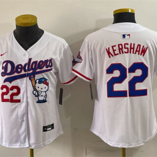 Youth Los Angeles Dodgers #22 Clayton Kershaw White Hello Kitty Night 2025 World Series Champions Patch Stitched Baseball Jersey
