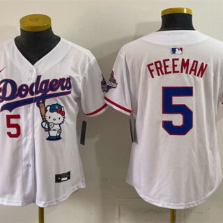 Women's Los Angeles Dodgers #5 Freddie Freeman White Hello Kitty Night 2025 World Series Champions Patch Stitched Baseball Jersey(Run Small)