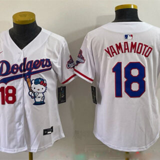 Women's Los Angeles Dodgers #18 Yoshinobu Yamamoto White Hello Kitty Night 2025 World Series Champions Patch Stitched Baseball Jersey(Run Small)
