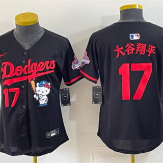 Women's Los Angeles Dodgers #17 Shohei Ohtani Black Hello Kitty Night 2025 World Series Champions Patch Stitched Baseball Jersey(Run Small)