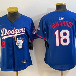 Women's Los Angeles Dodgers #18 Yoshinobu Yamamoto Royal Hello Kitty Night 2025 World Series Champions Patch Stitched Baseball Jersey(Run Small)
