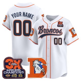 Men's Denver Broncos Active Player Custom White 3X Super Bowl champions Patch Throwback Vapor Stitched Baseball Jersey