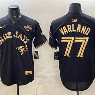 Men's Toronto Blue Jays #77 Louis Varland Black Gold 2025 American League Champions Limited Stitched Baseball Jersey