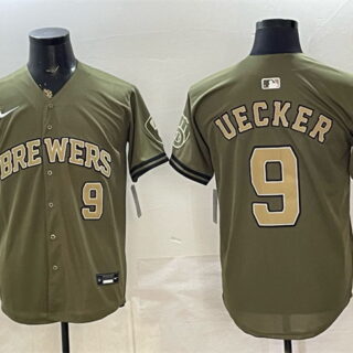 Men's Milwaukee Brewers #9 Bob Uecker Olive 2026 Armed Forces Day Stitched Baseball Jersey