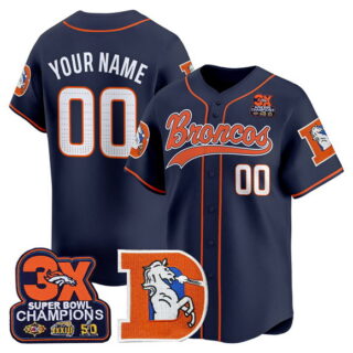 Men's Denver Broncos Active Player Custom Navy 3X Super Bowl champions Patch Throwback Vapor Stitched Baseball Jersey