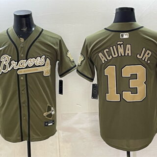 Men's Atlanta Braves #13 Ronald Acuna Jr. Olive 2026 Armed Forces Day Stitched Baseball Jersey