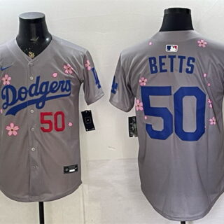 Men's Los Angeles Dodgers #50 Mookie Betts Grey 2025 Tokyo Series Limited Stitched Baseball Jersey
