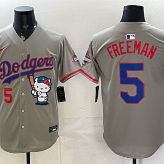 Men's Los Angeles Dodgers #5 Freddie Freeman Grey Hello Kitty Night 2025 World Series Champions Patch Stitched Baseball Jersey