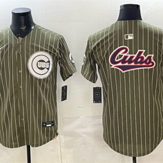 Men's Chicago Cubs Team Big Logo Pinstripe Olive 2026 Armed Forces Day Salute To Service Stitched Baseball Jersey